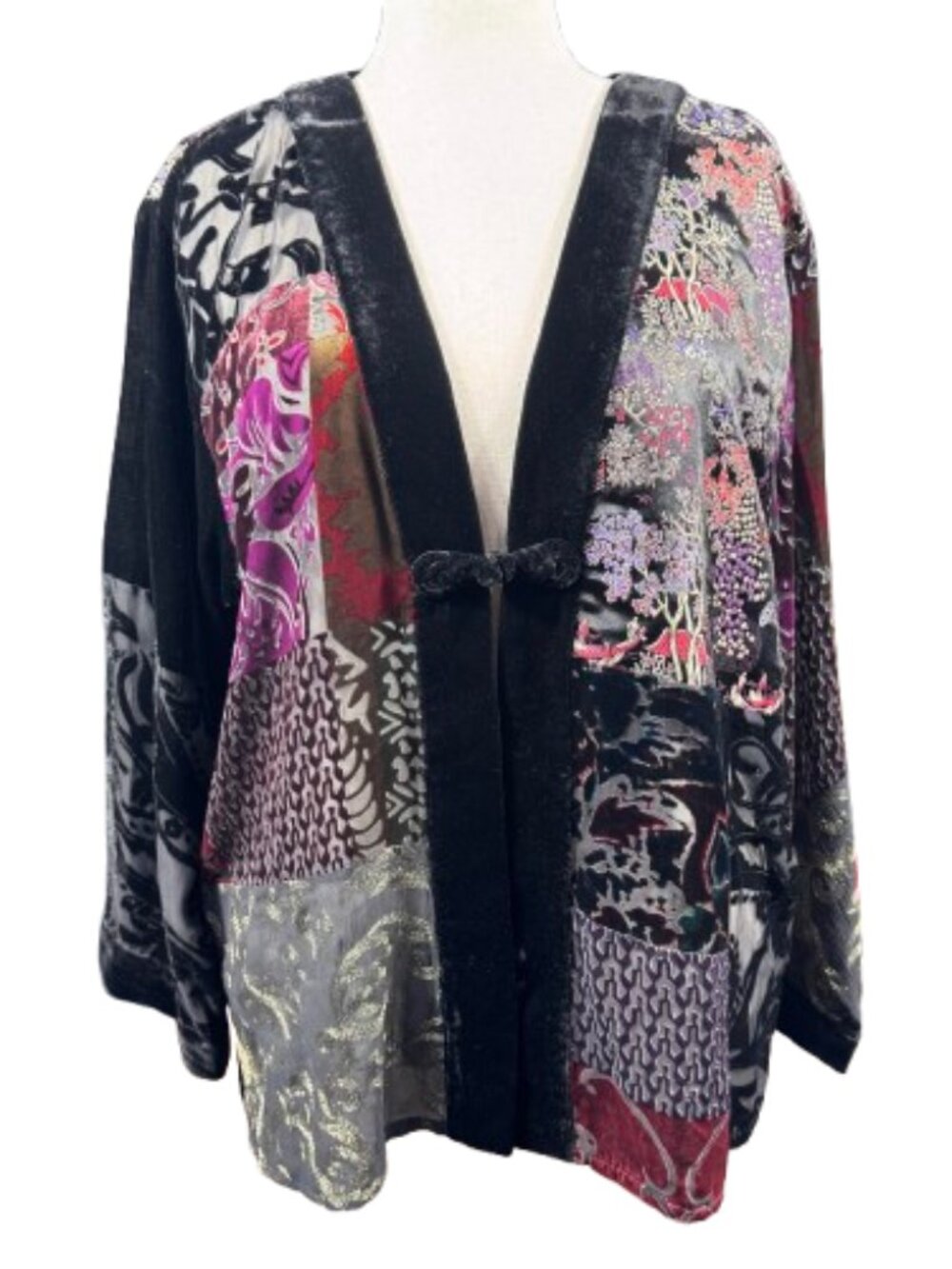 VTG Chico's Burnout Velvet Velour Silk Blend Patchwork Kimono Jacket (Size 3) - Picture 2 of 16